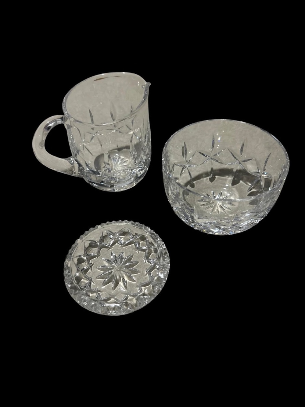 Atlantis Crystal CreamerSugarBowl SpoonRest 3pc Lismore/Style Star/Cut Portugal